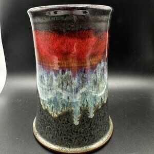 Studio Art Pottery Vase Drip Glaze Blue Red Artist Signed 7.25 Heavy Stoneware